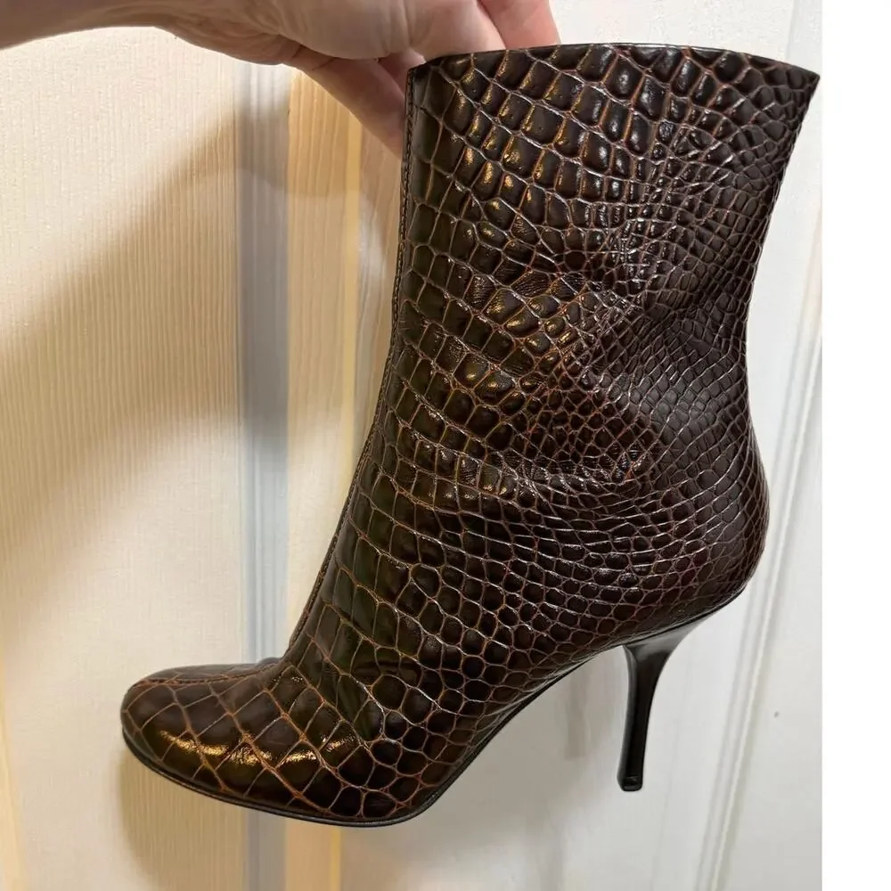 Giuseppe‎ Zanotti Croc Embossed Leather Bootie Boots Brown Italian Size 39 Heel